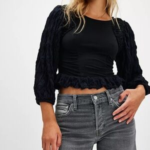 Free People Oliva Black Puff Sleeve Crop Blouse